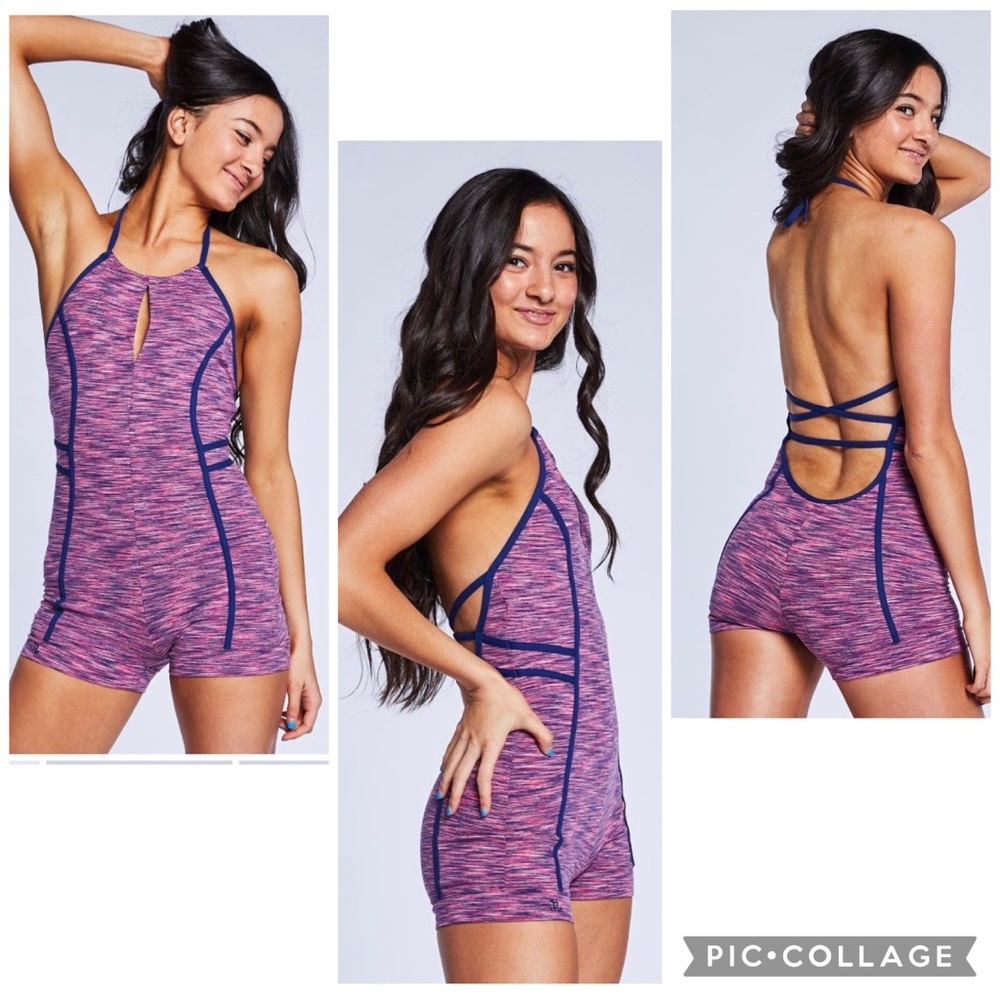 JO + JAX Arrow Unitard SA Small Adult Space Dye Pink/Navy Halter Shorts Leotard